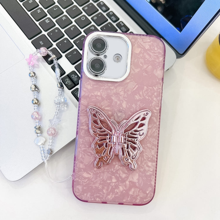 For iPhone 16 Plating Glitter Lens Film Texture Butterfly Holder Wristband Phone Case(Pink Shell Pattern) - iPhone 16 Cases by buy2fix | Online Shopping UK | buy2fix