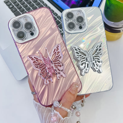 For iPhone 16 Pro Plating Glitter Lens Film Texture Butterfly Holder Wristband Phone Case(White Water Ripples) - iPhone 16 Pro Cases by buy2fix | Online Shopping UK | buy2fix