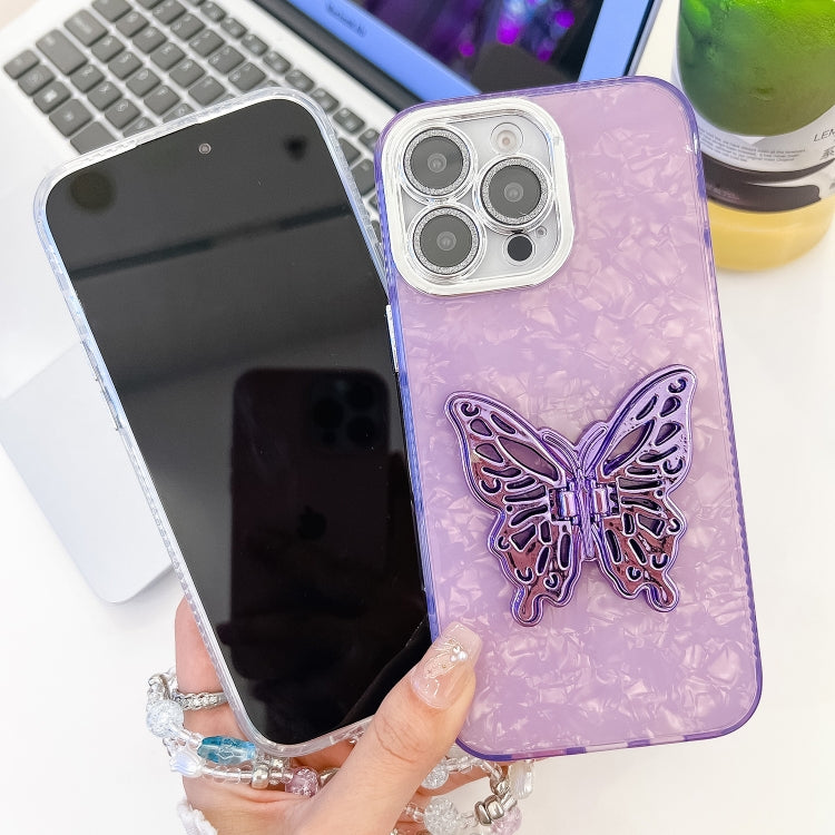 For iPhone 16 Pro Plating Glitter Lens Film Texture Butterfly Holder Wristband Phone Case(Purple Wrinkles) - iPhone 16 Pro Cases by buy2fix | Online Shopping UK | buy2fix