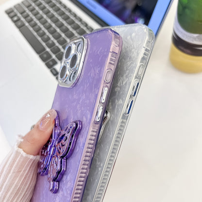 For iPhone 16 Plus Plating Glitter Lens Film Texture Butterfly Holder Wristband Phone Case(Purple Tinfoil Texture) - iPhone 16 Plus Cases by buy2fix | Online Shopping UK | buy2fix