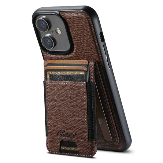 For iPhone 16 Plus Suteni H17 Cross Grain Leather MagSafe Detachable Wallet Phone Case(Brown) - iPhone 16 Plus Cases by Suteni | Online Shopping UK | buy2fix