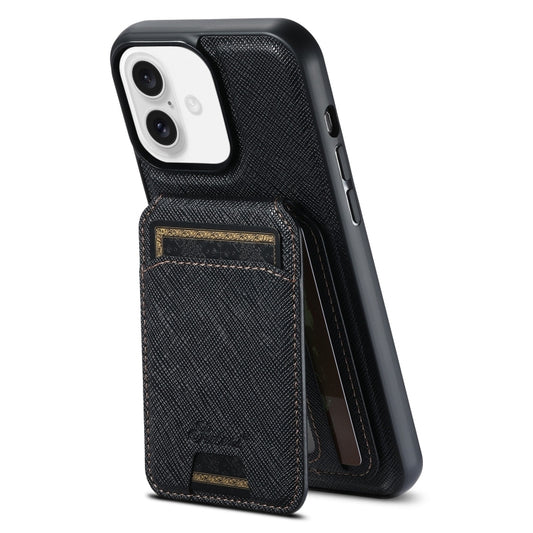 For iPhone 16 Suteni H18 Cross Grain MagSafe Wallet Leather Phone Case(Black) - iPhone 16 Cases by Suteni | Online Shopping UK | buy2fix