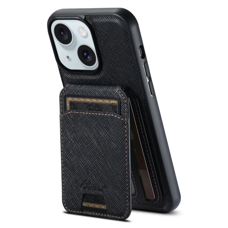 For iPhone 15 Suteni H18 Cross Grain MagSafe Wallet Leather Phone Case(Black) - iPhone 15 Cases by Suteni | Online Shopping UK | buy2fix