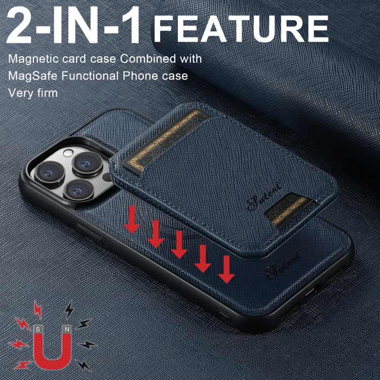 For iPhone 12 Suteni H18 Cross Grain MagSafe Wallet Leather Phone Case(Blue) - iPhone 12 / 12 Pro Cases by Suteni | Online Shopping UK | buy2fix