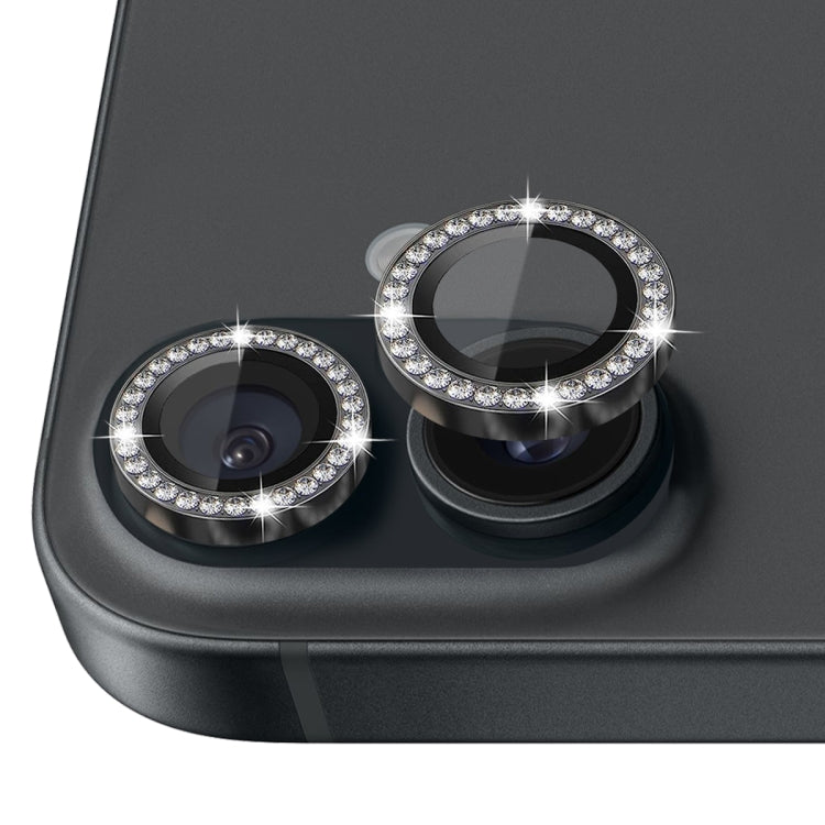 For iPhone 16 / 16 Plus NORTHJO Rhinestone Camera Lens Protector Tempered Glass Metal Ring Film(Graphite) - iPhone 16 Tempered Glass by NORTHJO | Online Shopping UK | buy2fix