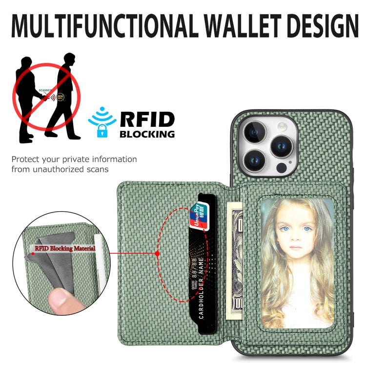 For iPhone 16 Carbon Fiber Magnetic Card Wallet RFID Blocking Phone Case(Khaki) - iPhone 16 Cases by buy2fix | Online Shopping UK | buy2fix