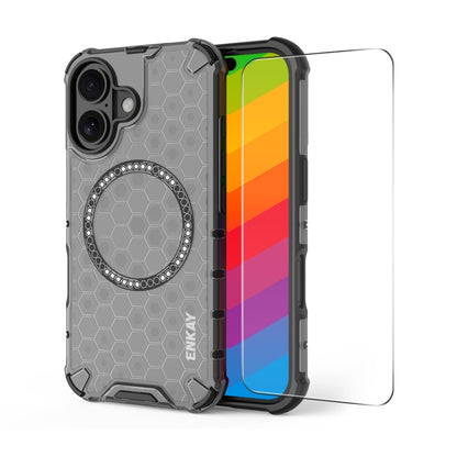 For iPhone 16 ENKAY Hat-Prince Honeycomb MagSafe Shockproof Phone Case with Large Arc Edge Film(Grey) - iPhone 16 Cases by ENKAY | Online Shopping UK | buy2fix