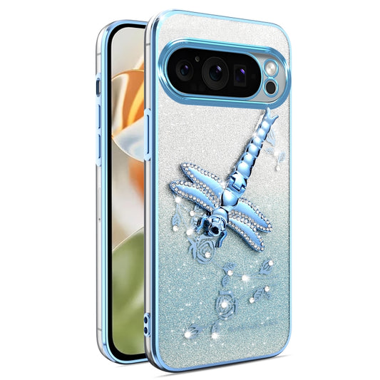 For Google Pixel 9 Pro XL Gradient Glitter Immortal 3D Dragonfly Holder Plated Phone Case(Blue) - Google Cases by buy2fix | Online Shopping UK | buy2fix