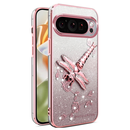 For Google Pixel 9 Pro XL Gradient Glitter Immortal 3D Dragonfly Holder Plated Phone Case(Pink) - Google Cases by buy2fix | Online Shopping UK | buy2fix