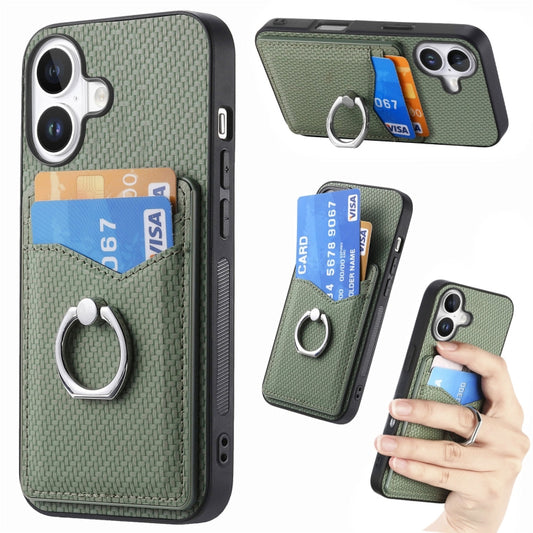 For iPhone 16 Carbon Fiber Card Wallet Ring Phone Case(Green) - iPhone 16 Cases by buy2fix | Online Shopping UK | buy2fix