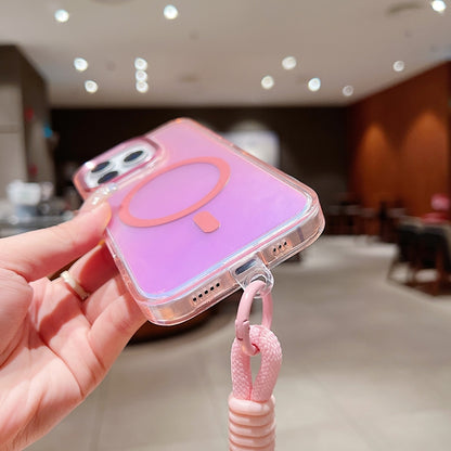 For iPhone 16 Bright Shadow  Magsafe Discoloration Phone Case with Wrist Strap(Pink) - iPhone 16 Cases by buy2fix | Online Shopping UK | buy2fix