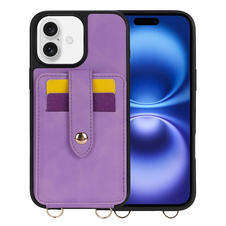 For iPhone 16 Crossbody Skin Card Bag Lanyard Phone Case(Purple) - iPhone 16 Cases by buy2fix | Online Shopping UK | buy2fix