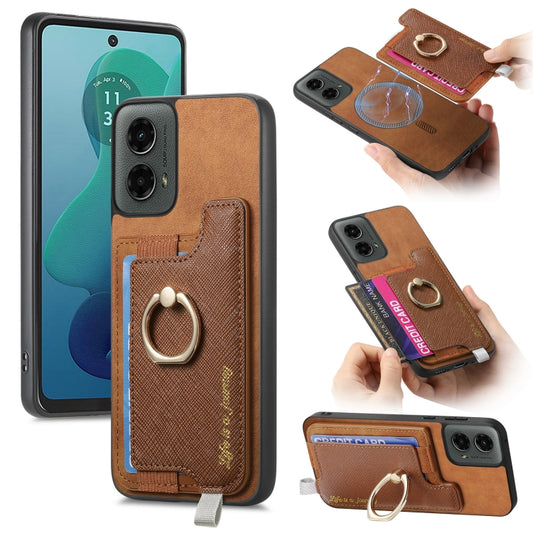 For Motorola Moto G 5G 2024 Retro Magsafe Cross Leather Ring Holder Card Bag Phone Case(Brown) - Motorola Cases by buy2fix | Online Shopping UK | buy2fix