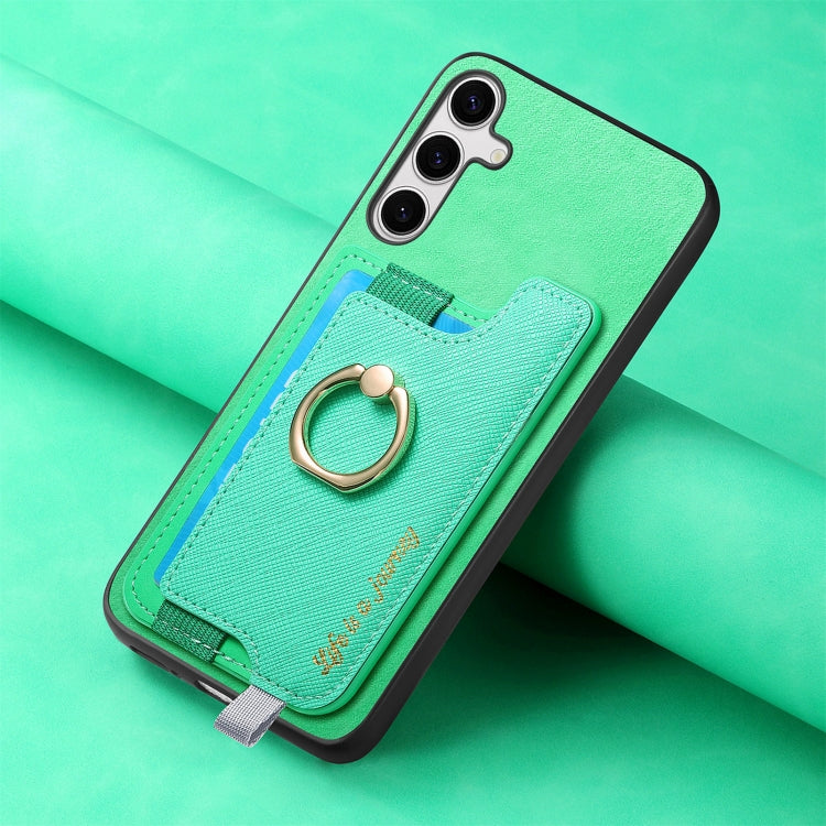 For Samsung Galaxy S25+ 5G Retro Cross Leather Ring Horizontal Insert Card Bag MagSafe Phone Case(Green) - Galaxy S25+ 5G Cases by buy2fix | Online Shopping UK | buy2fix