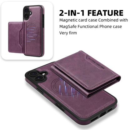 For iPhone 16 Plus Shield Multi-functional MagSafe Card Bag Phone Case(Purple) - iPhone 16 Plus Cases by buy2fix | Online Shopping UK | buy2fix