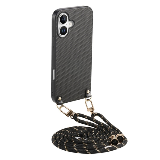 For iPhone 16 Plus Carbon Fiber Texture Leather Back Phone Case with Crossbody Strap(Black) - iPhone 16 Plus Cases by buy2fix | Online Shopping UK | buy2fix