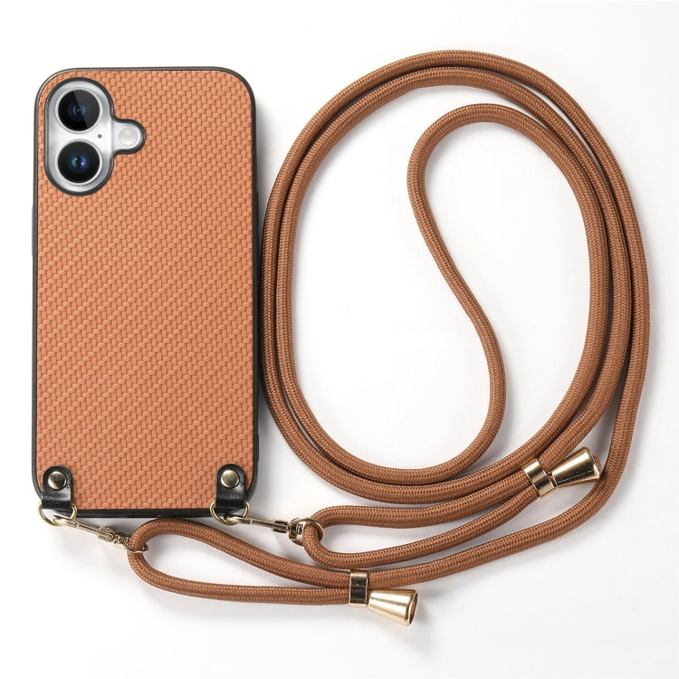 For iPhone 16 Carbon Fiber Texture Leather Back Phone Case with Crossbody Strap(Brown) - iPhone 16 Cases by buy2fix | Online Shopping UK | buy2fix