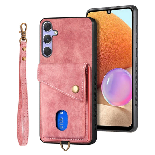 For Samsung Galaxy S25 5G Retro Card Wallet Fold Leather Phone Case with Strap(Pink) - Galaxy S25 5G Cases by buy2fix | Online Shopping UK | buy2fix