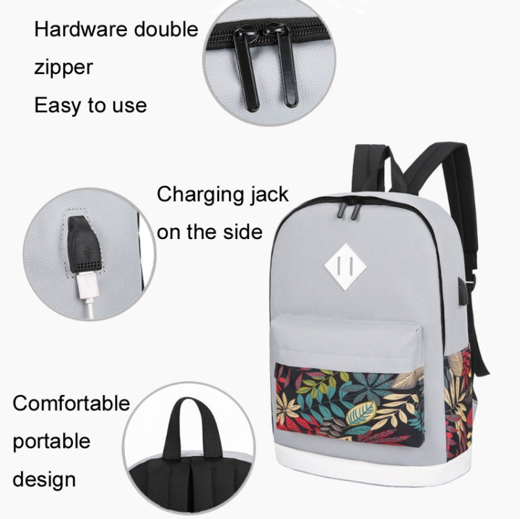 3 in 1 College Style Casual Backpack Student USB Charging Backpack(Leaves Gray) - Double-shoulder Bags by buy2fix | Online Shopping UK | buy2fix