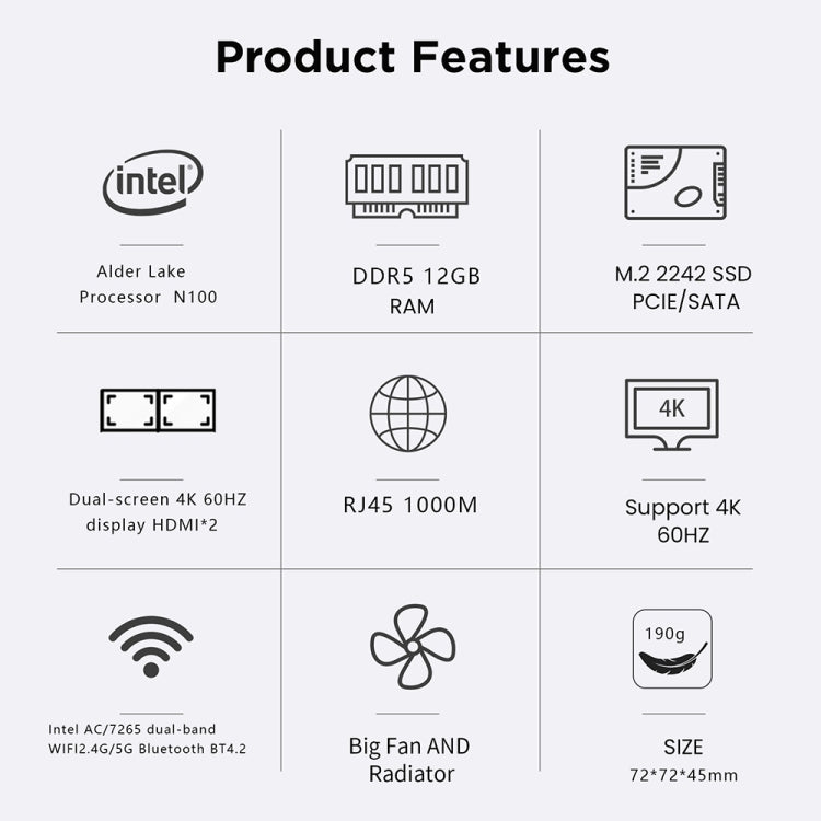 N100/DDR5 12th AlderLake-N100 Dual 4K60Hz Office And Home Mini PC, Spec: 12G+256G /US Plug - Windows Mini PCs by buy2fix | Online Shopping UK | buy2fix