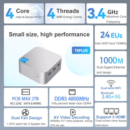 T8Plus Alder Lake-N100 4K Dual Band WIFI Bluetooth Office Game Portable Mini PC, Spec: 16G 1TB UK Plug - Windows Mini PCs by buy2fix | Online Shopping UK | buy2fix