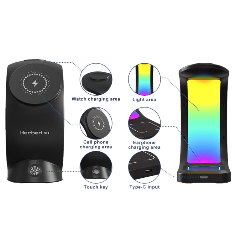 T17 3-in-1 RGB Atmosphere Light MagSafe Phone Watch Earphone Wireless Charger, Color: Black with  UK Plug - Wireless Charger by buy2fix | Online Shopping UK | buy2fix