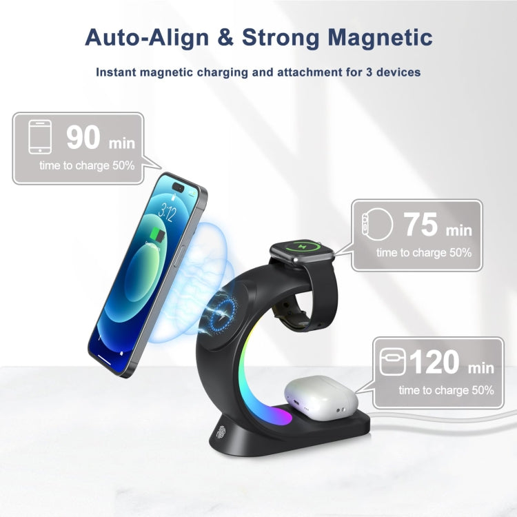 T17 3-in-1 RGB Atmosphere Light MagSafe Phone Watch Earphone Wireless Charger, Color: Black with US Plug - Wireless Charger by buy2fix | Online Shopping UK | buy2fix