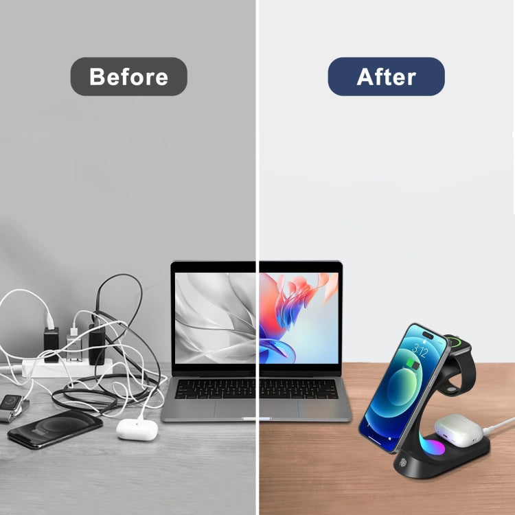 T17 3-in-1 RGB Atmosphere Light MagSafe Phone Watch Earphone Wireless Charger, Color: Black with EU Plug - Wireless Charger by buy2fix | Online Shopping UK | buy2fix