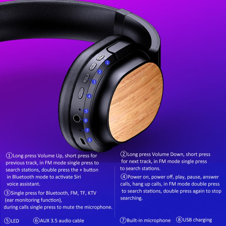 Bamboo Wood Bluetooth Headphones With Built-In Sound Card, TF Card / FM / AUX Support(Black) - Headset & Headphone by buy2fix | Online Shopping UK | buy2fix