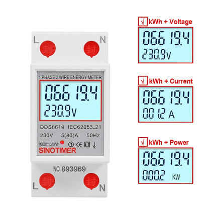 SINOTIMER  DDS6619 80A 230V Din Rail Single Phase Energy Meter Voltage Current Power Meter With Backlight - Other Tester Tool by SINOTIMER | Online Shopping UK | buy2fix