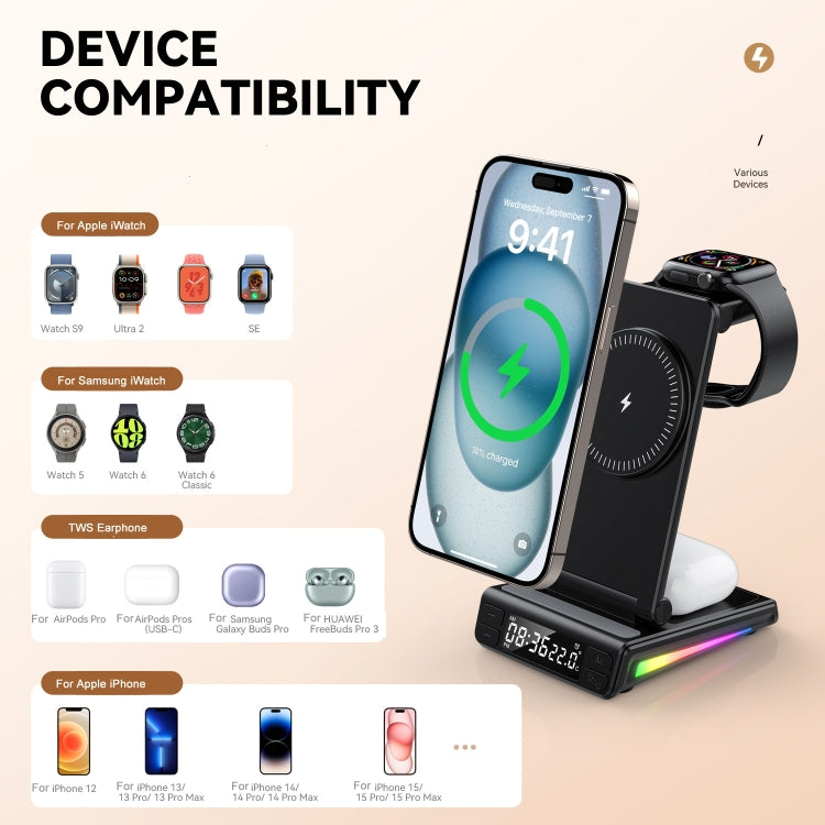 5-in-1 Desktop Magnetic Wireless Charger with Clock and Temperature Display for Smartphones / Watches / Earphones(Black) - Wireless Charger by buy2fix | Online Shopping UK | buy2fix