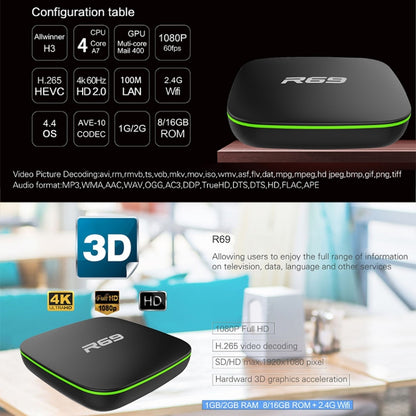 R69 1080P HD Smart TV BOX Android 4.4 Media Player wtih Remote Control, Quad Core Allwinner H3, RAM: 2GB, ROM: 16GB, 2.4G WiFi, LAN, EU Plug - Allwinner H3 by buy2fix | Online Shopping UK | buy2fix