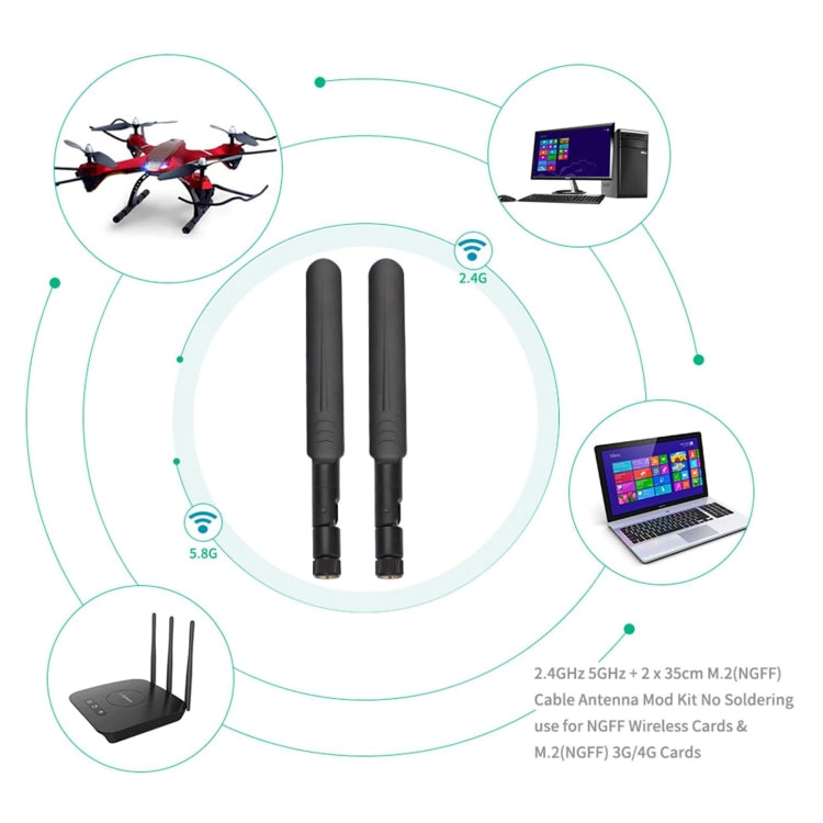 2 x 6dBi 2.4GHz 5GHz Dual Band WiFi RP-SMA Male Antenna + 2 x 35CM RP-SMA IPEX MHF4 Pigtail Cable for M.2 NGFF WiFi WLAN Card (Black) - DVB-T & Simulation Antenna by buy2fix | Online Shopping UK | buy2fix