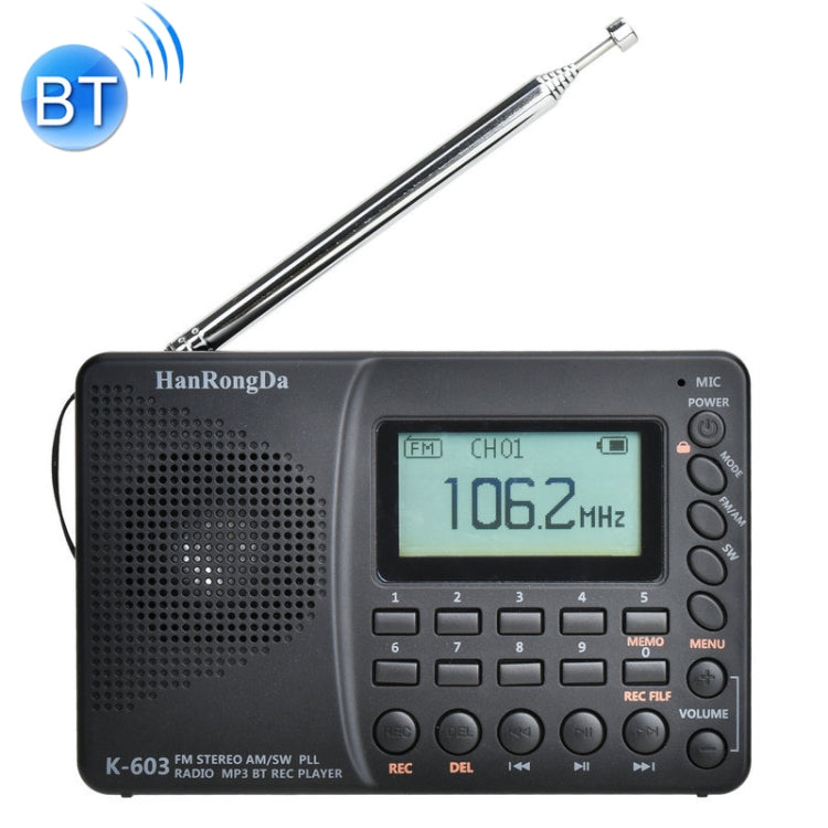 K-603 Portable FM / AM / SW Full Band Stereo Radio, Support BT & TF Card (Black) - Consumer Electronics by buy2fix | Online Shopping UK | buy2fix