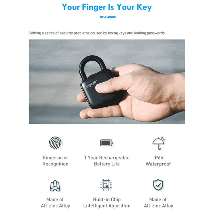 Anytek L3 Intelligent Hidden Fingerprint Padlock Electronic Lock, 10 Fingerprint Edition - Padlocks by Anytek | Online Shopping UK | buy2fix