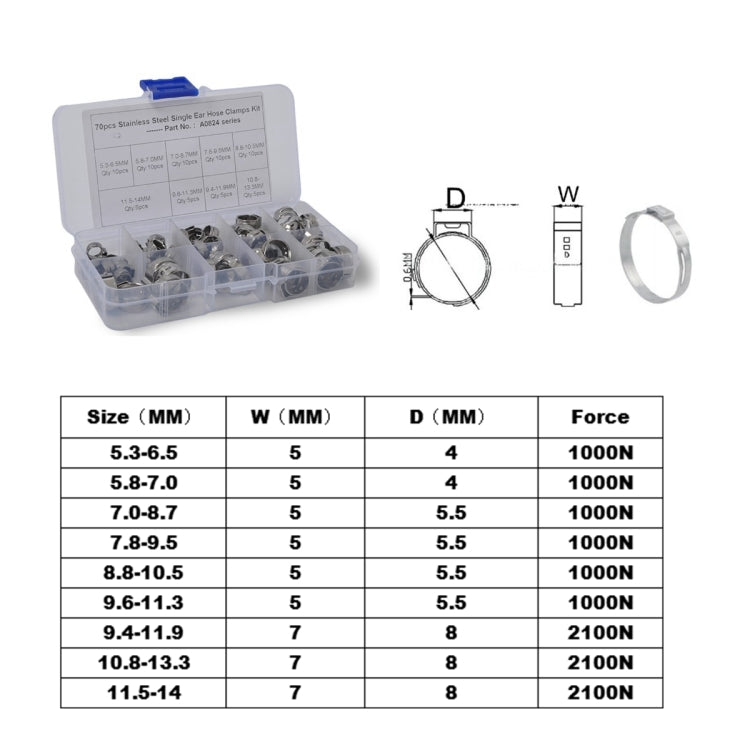 70 PCS Adjustable Single Ear Plus Stainless Steel Hydraulic Hose Clamps O-Clips Pipe Fuel Air, Inside Diameter Range: 5.3-14mm - In Car by buy2fix | Online Shopping UK | buy2fix