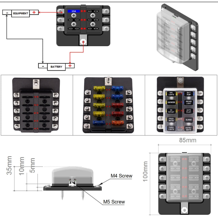 1 in 10 Out Fuse Box Screw Terminal Section Fuse Holder Kits with LED Warning Indicator for Auto Car Truck Boat - In Car by buy2fix | Online Shopping UK | buy2fix