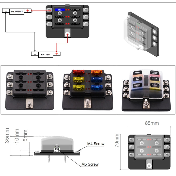 1 in 6 Out 6 Way Circuit Fuse Box Screw Terminal Section Fuse Holder Kits with LED Warning Indicator for Auto Car Truck Boat - In Car by buy2fix | Online Shopping UK | buy2fix