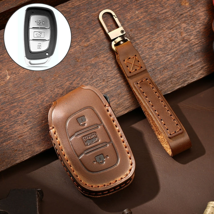 Hallmo Car Cowhide Leather Key Protective Cover Key Case for Hyundai IX35 A Style(Brown) - Car Key Cases by Hallmo | Online Shopping UK | buy2fix