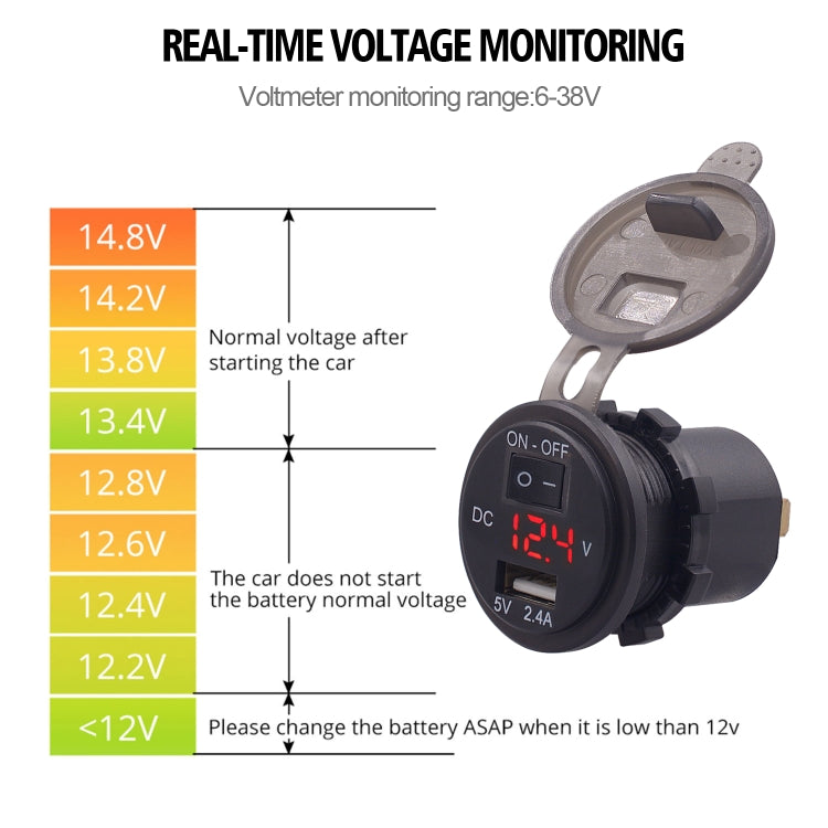 Universal Car Single Port USB Charger Power Outlet Adapter 2.4A 5V IP66 with LED Digital Voltmeter + Switch + 60cm Cable (Red Light) - Car Charger by buy2fix | Online Shopping UK | buy2fix