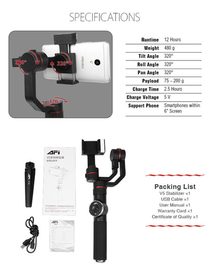 AFI V5 Smooth 3-Axis Handheld Aluminum Brushless Gimbal Stabilizer with Tripod Mount & Fill Light for Smartphones within 6 inch, Support Face Tracking(Black) - Consumer Electronics by buy2fix | Online Shopping UK | buy2fix