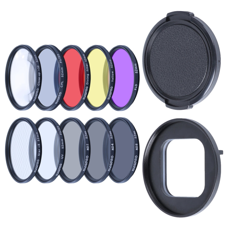 RUIGPRO for GoPro HERO10 Black / HERO9 Black Professional 52mm 52mm 10 in 1 UV+ND2+ND4+ND8+Star 8+ +CPL+Yellow/Red/Purple+10X Close-up Lens Filter with Filter Adapter Ring & Lens Cap - Lens Filter by RUIGPRO | Online Shopping UK | buy2fix