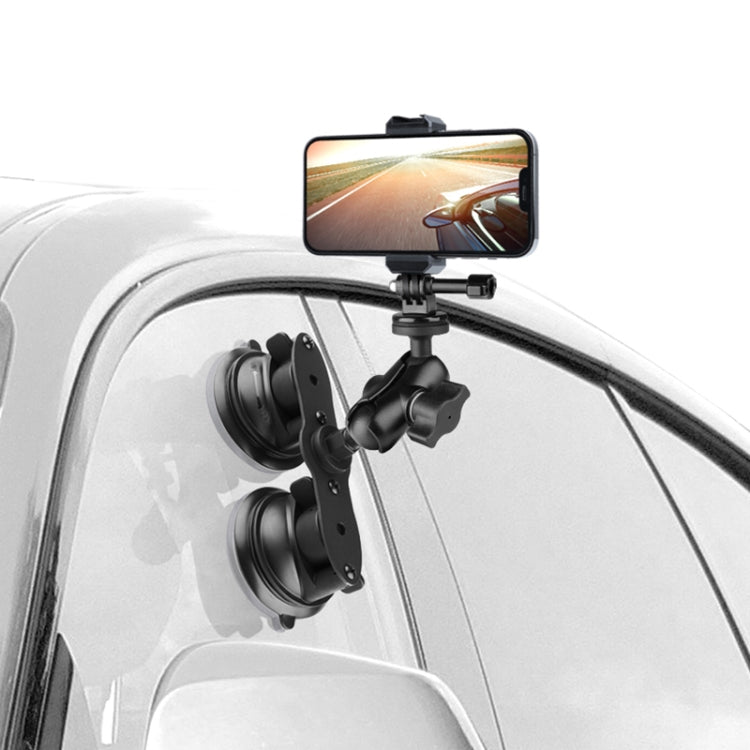 Dual Suction Cup Mount Phone Holder with Tripod Adapter & Steel Tether & Safety Buckle(Black) - In Car by buy2fix | Online Shopping UK | buy2fix