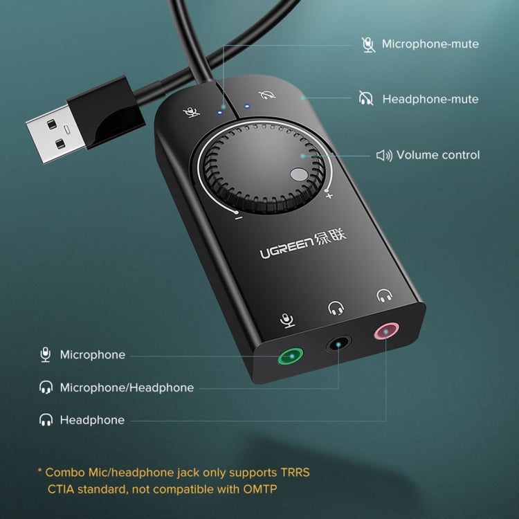 UGREEN CM109 USB to 3-ports 3.5mm Computer External Audio Card with Volume Adjustment Wheel, Length: 15cm - USB Sound by UGREEN | Online Shopping UK | buy2fix