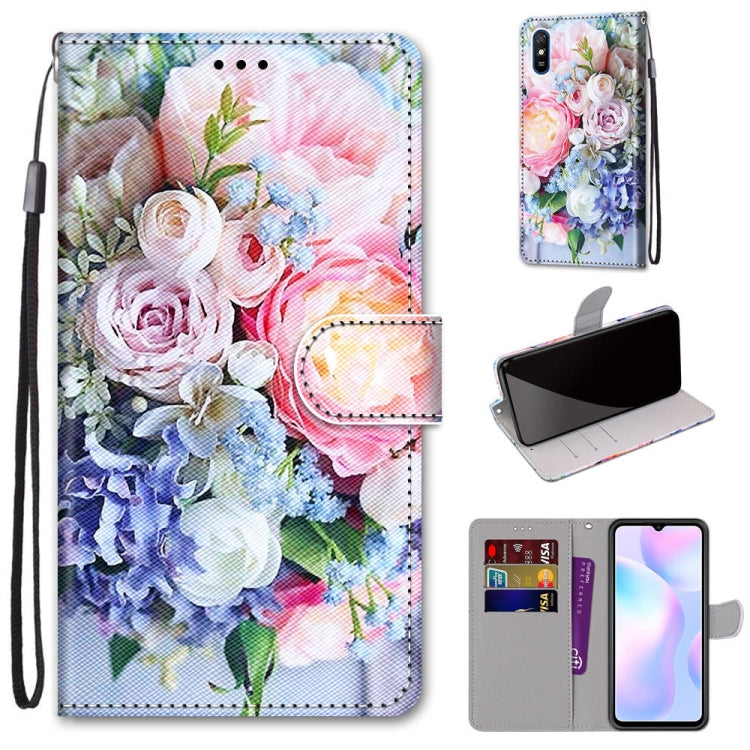 For Xiaomi Redmi 9A Coloured Drawing Cross Texture Horizontal Flip PU Leather Case with Holder & Card Slots & Wallet & Lanyard(Light Pink Bouquet) - Xiaomi Cases by buy2fix | Online Shopping UK | buy2fix