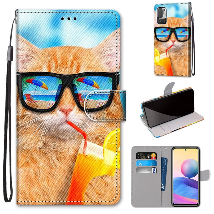 For Xiaomi Redmi Note 10 5G Coloured Drawing Cross Texture Horizontal Flip PU Leather Case with Holder & Card Slots & Wallet & Lanyard(Cat Drinking Soda) - Xiaomi Cases by buy2fix | Online Shopping UK | buy2fix