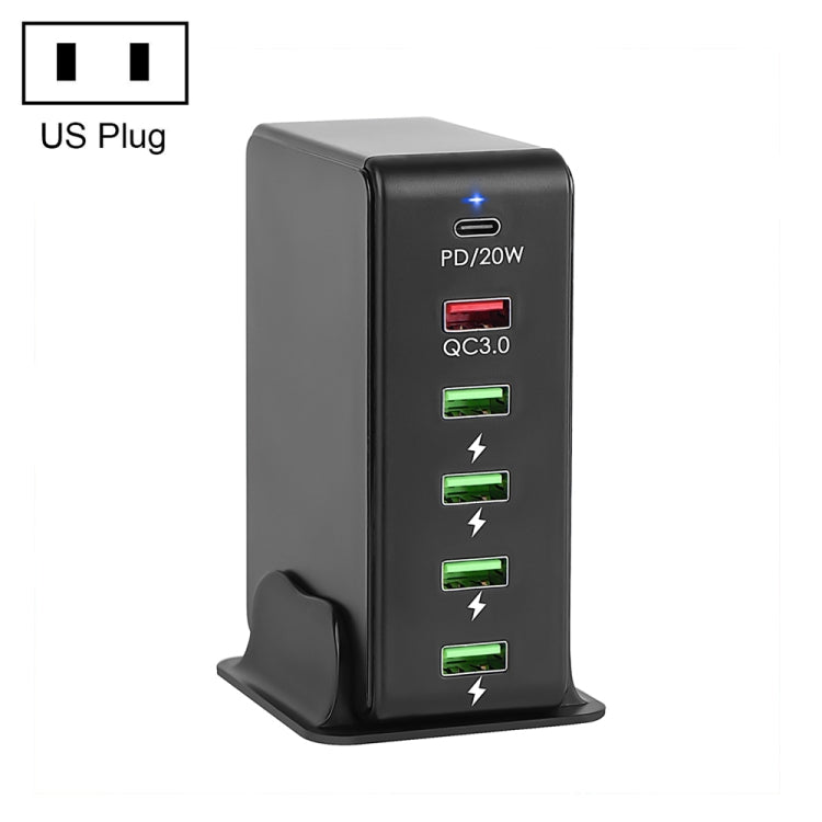 6 in 1 65W PD USB-C / Type-C + QC 3.0 USB + 4 USB Multi-port Travel Charger, US Plug(Black) - Mobile Accessories by buy2fix | Online Shopping UK | buy2fix