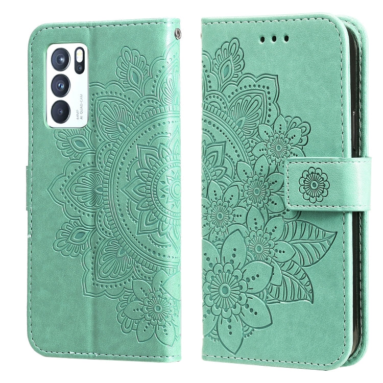 For OPPO Reno 6 Pro 5G 7-petal Flowers Embossing Pattern Horizontal Flip PU Leather Case with Holder & Card Slots & Wallet & Photo Frame(Green) - OPPO Cases by buy2fix | Online Shopping UK | buy2fix