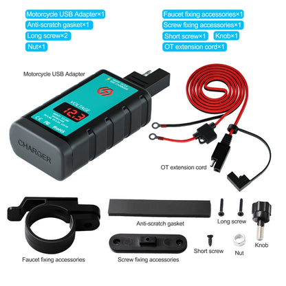 WUPP ZH-1422A3 DC12-24V Motorcycle Square Dual USB Fast Charging Charger with Switch + Voltmeter + Integrated SAE Socket + 1.4m OT Terminal Cable - Battery Charger by WUPP | Online Shopping UK | buy2fix