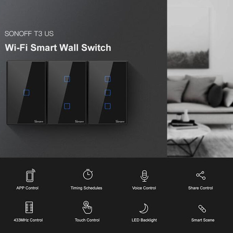 Sonoff T3 US-TX 433 RF WIFI Smart Remote Control Wall Touch Switch, US Plug, Style:Double Buttons - Smart Switch by Sonoff | Online Shopping UK | buy2fix